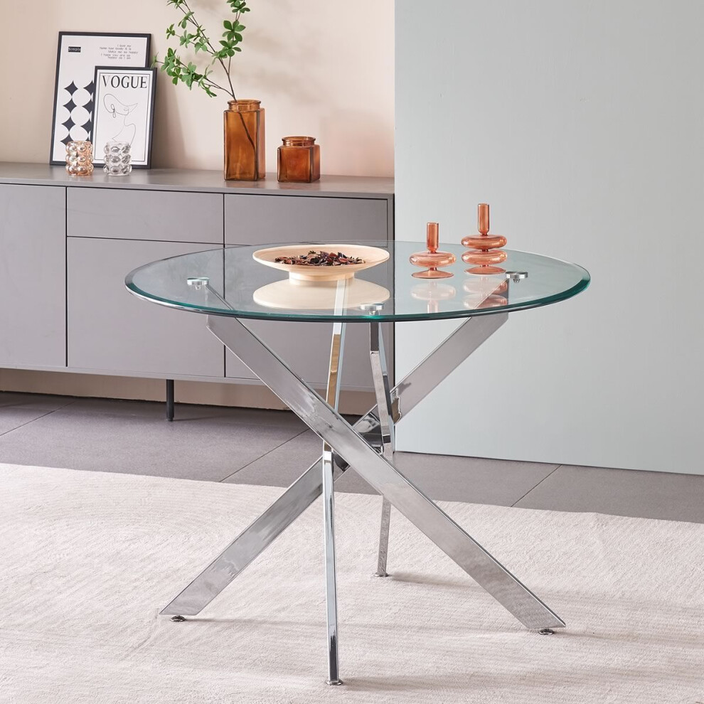 Amara 100cm Round Glass Dining Table With Chrome Silver Legs