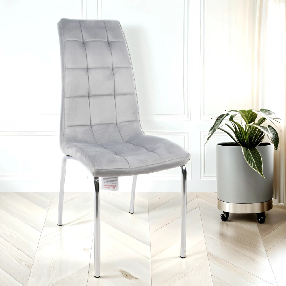 4x Eterno Velvet Luxurious Soft Light Grey Dining Chairs With Silver Legs