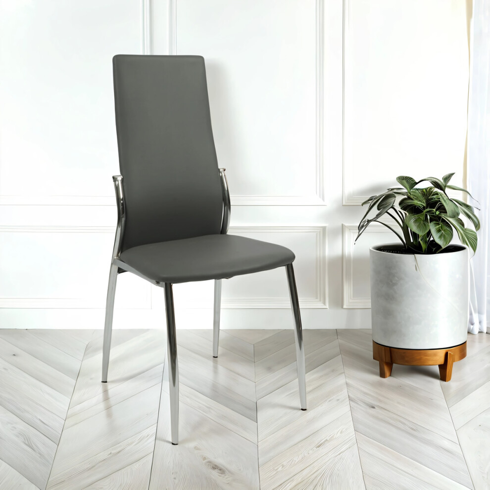 Nova Faux Leather Dining Chair In Grey With Chrome Legs And Sides