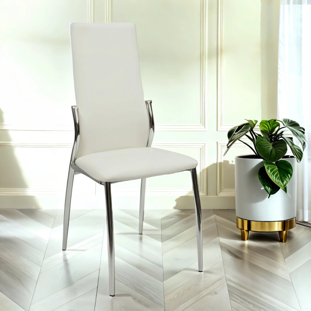 Nova Faux Leather Dining Chair In White With Chrome Legs And Sides