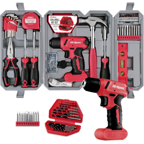(Red) Hi-Spec 57pc 8V Electric Drill Set & Household Tool Kit