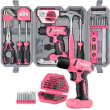 (Pink) Hi-Spec 57pc 8V Electric Drill Set & Household Tool Kit