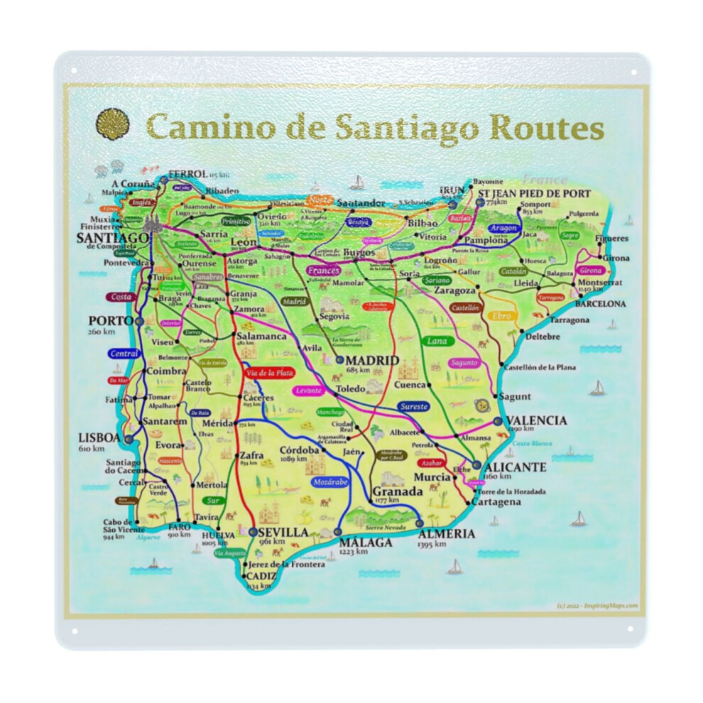 Whibos (Map Of Camino De Santiago Routes In Spain And Portugal=6394) Metal Tin Sign 12X12" Wall Décor Cafe Bar Beer Pub Signs Christmas Gift