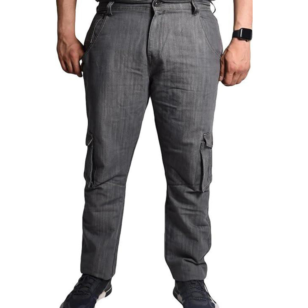 (Grey, 30W x 32L) Mens Combat Jeans Cargo Denim Trousers Work Pants