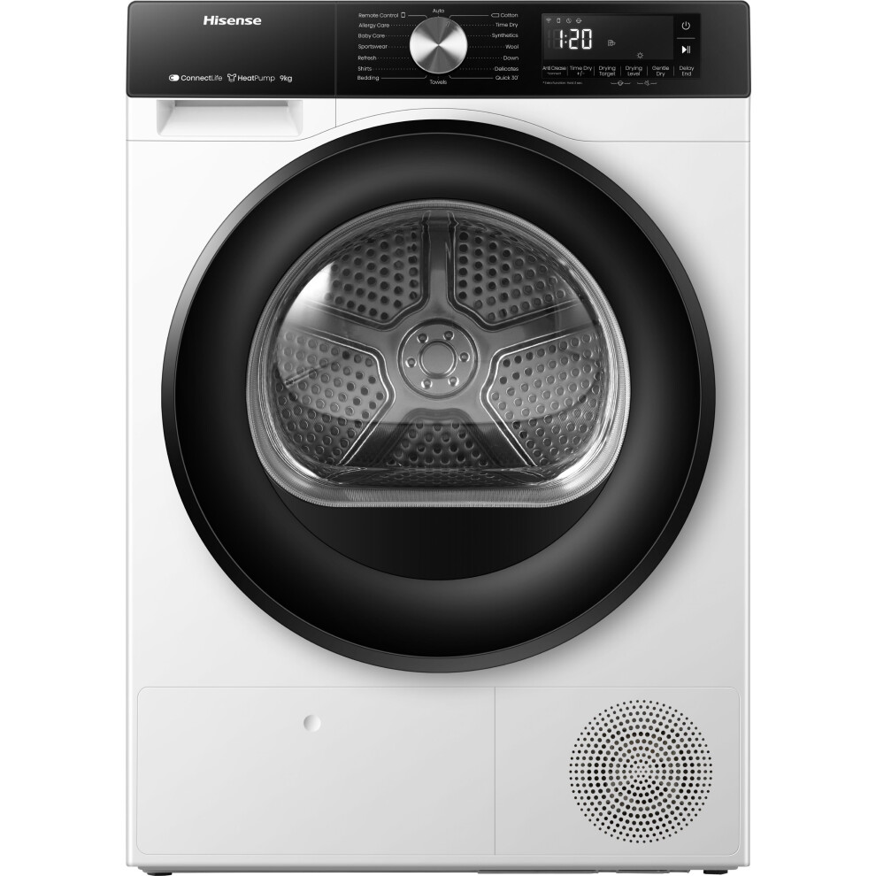 Hisense 3S Series DH3S902BW3 Wifi Connected 9Kg Heat Pump Tumble Dryer - White - A+++ Rated