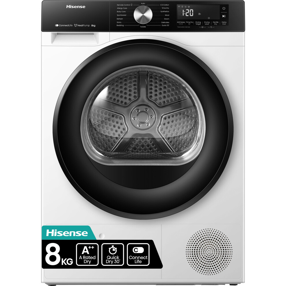Hisense 3S Series Dh3s802bw3 Wifi Connected 8Kg Heat Pump Tumble Dryer - White - A+++ Rated