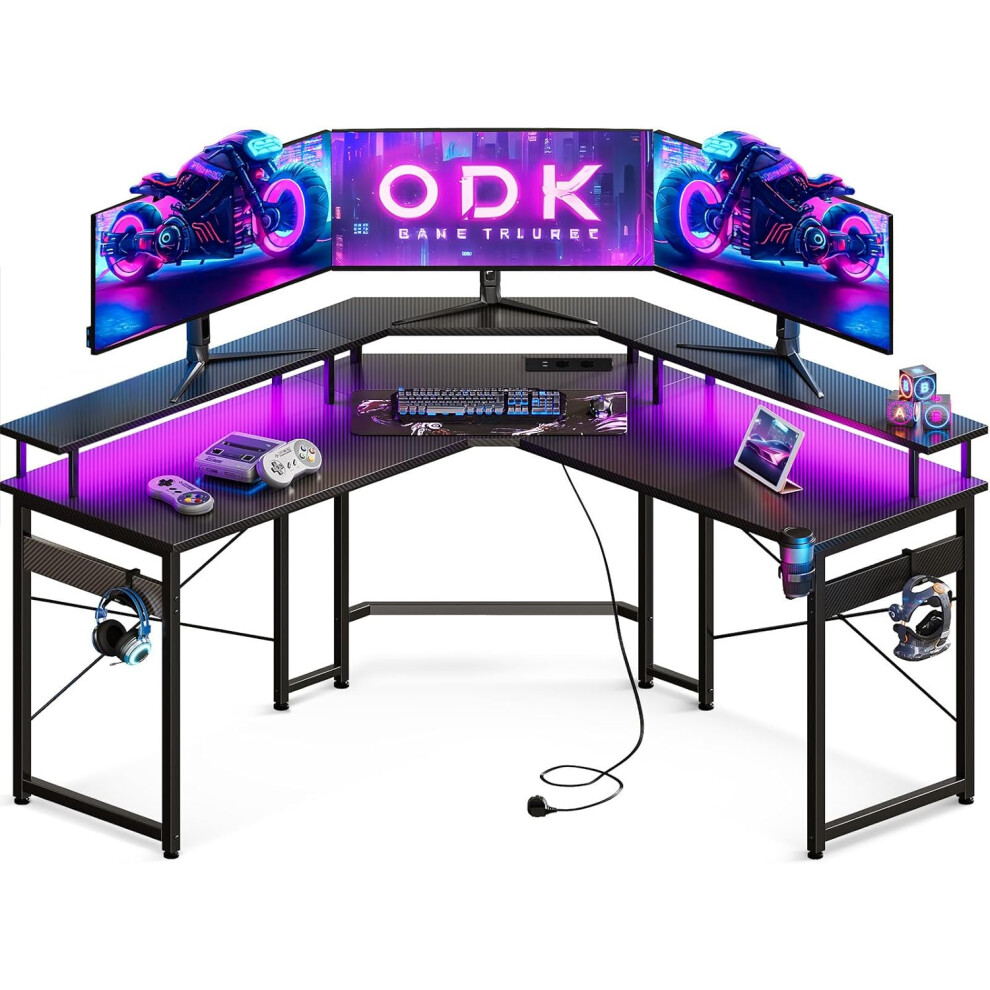 (ODK Gaming Desk with LED Lights, Corner Gaming Desk with 2 Sockets and 2 USB Charging Ports, L Shaped Gaming Desk with M) ODK Gaming Desk with LED Li