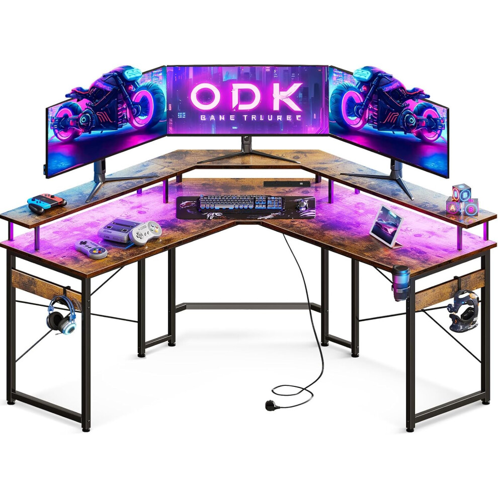 (ODK Gaming Desk with LED Lights, Corner Gaming Desk with 2 Sockets and 2 USB Charging Ports, L Shaped Gaming Desk with M) ODK Gaming Desk with LED Li