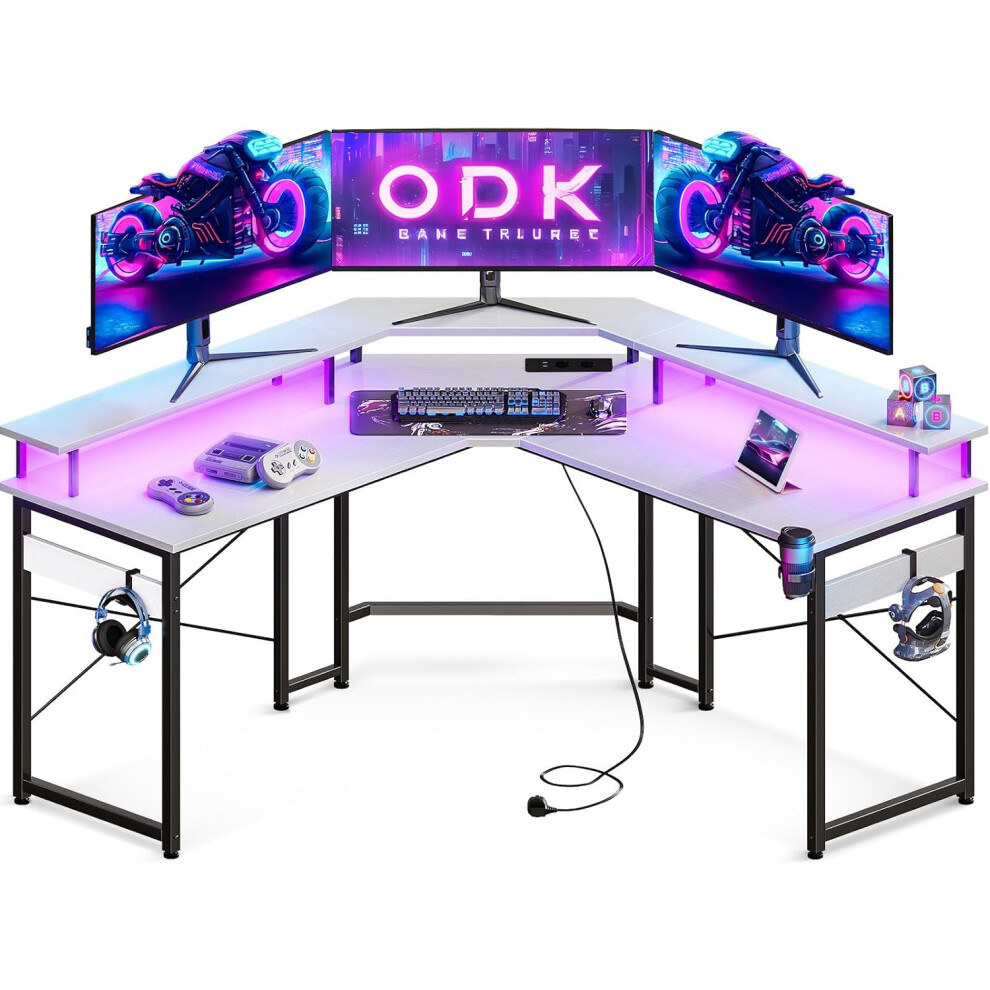 (ODK Gaming Desk with LED Lights, Corner Gaming Desk with 2 Sockets and 2 USB Charging Ports, L Shaped Gaming Desk with M) ODK Gaming Desk with LED Li