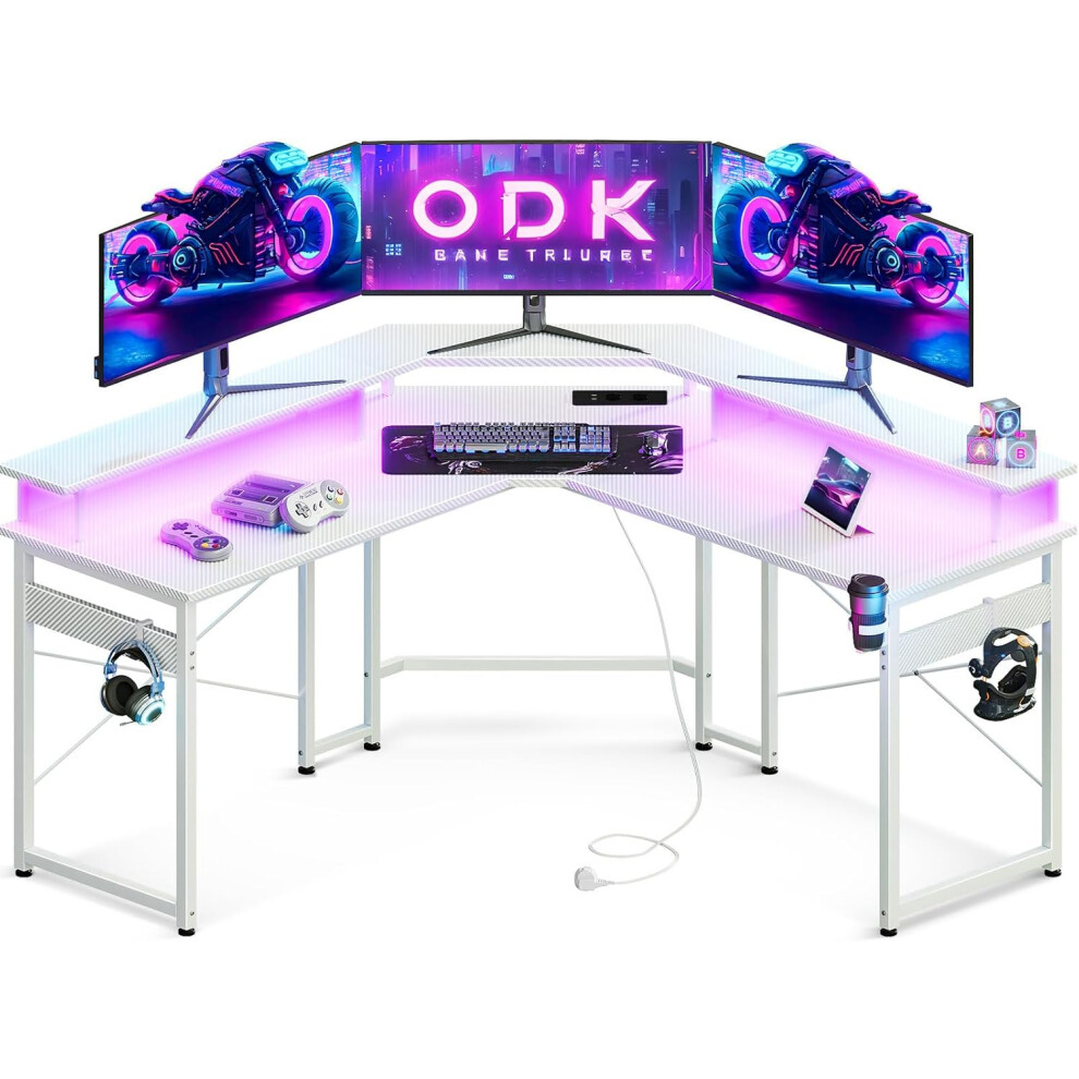 (ODK Gaming Desk with LED Lights, Corner Gaming Desk with 2 Sockets and 2 USB Charging Ports, L Shaped Gaming Desk with M) ODK Gaming Desk with LED Li