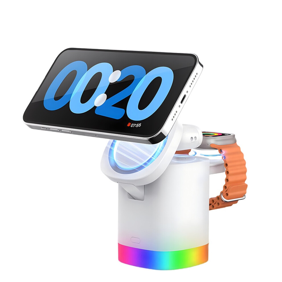 Chronus 3 In 1 Cube For Mag-Safe, 15W Fast Charging Foldable Wireless Charger For Iphone 15/14/13/12 Iwatch 1-8/Ultra, Airpods With Rgb (White) Light/White 6976918019561