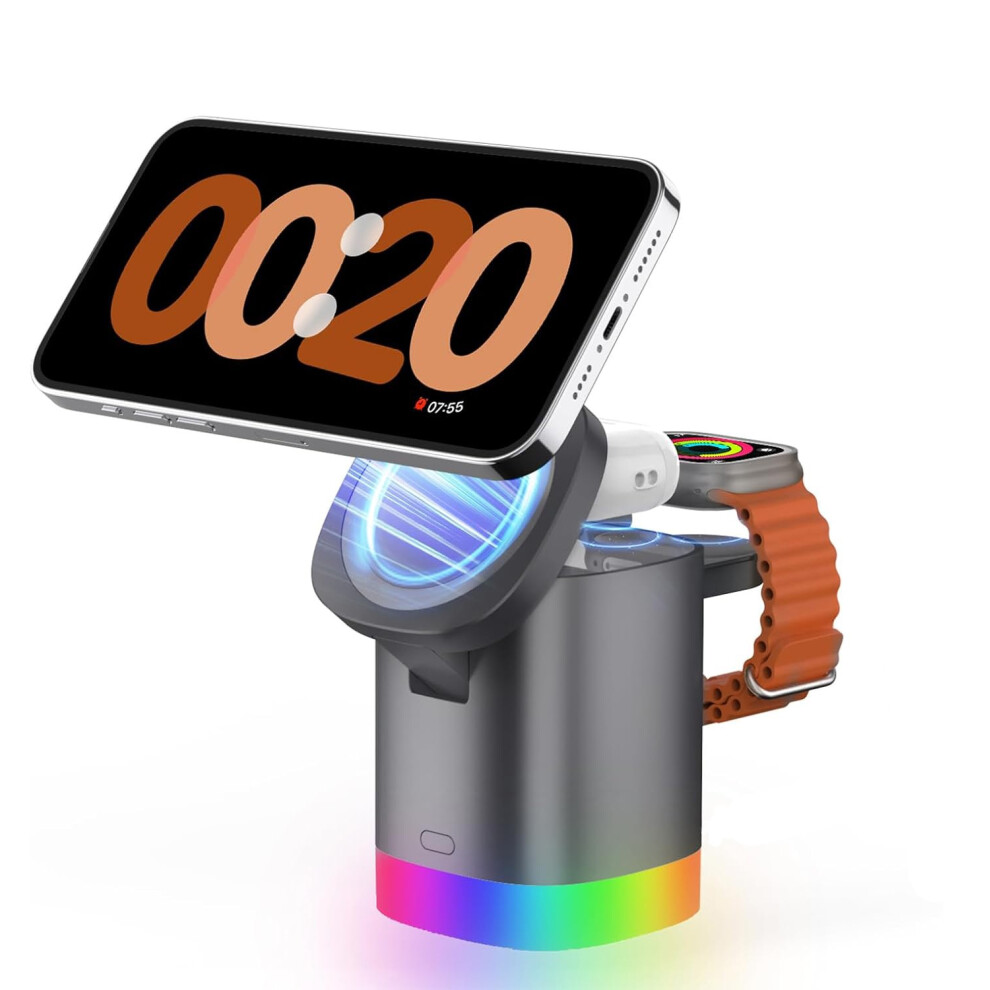 Chronus 3 In 1 Cube For Mag-Safe, 15W Fast Charging Foldable Wireless Charger For Iphone 15/14/13/12 Iwatch 1-8/Ultra, Airpods With Rgb (Gray) Light/Gray 6976918019578