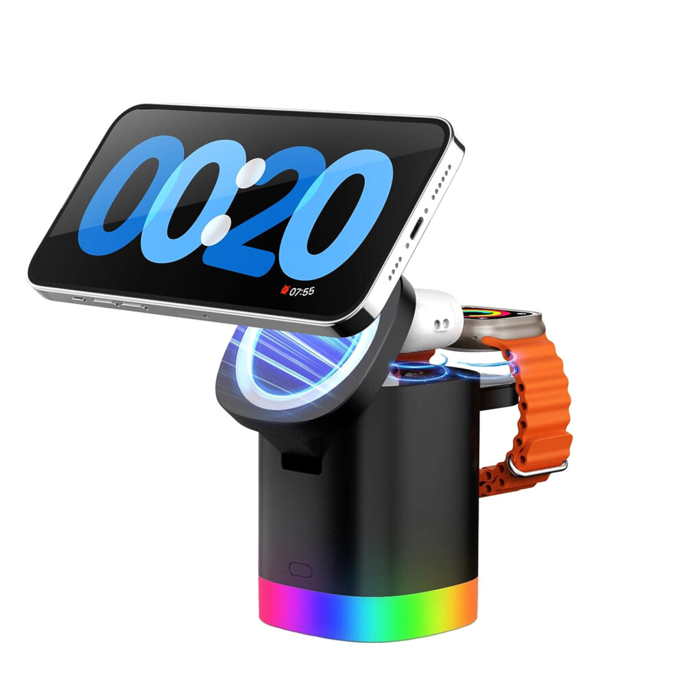 Chronus 3 In 1 Cube For Mag-Safe, 15W Fast Charging Foldable Wireless Charger For Iphone 15/14/13/12 Iwatch 1-8/Ultra, Airpods With Rgb (Black) Light/Black 6976918019554