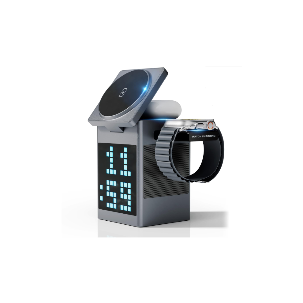 Chronus 6 In 1 Wireless Charging Station,15W Magsafe Wireless Charger With Bluetooth Speaker Alarm Clock Rgb Pixel Display, For Iphone Airpods 6976918019455