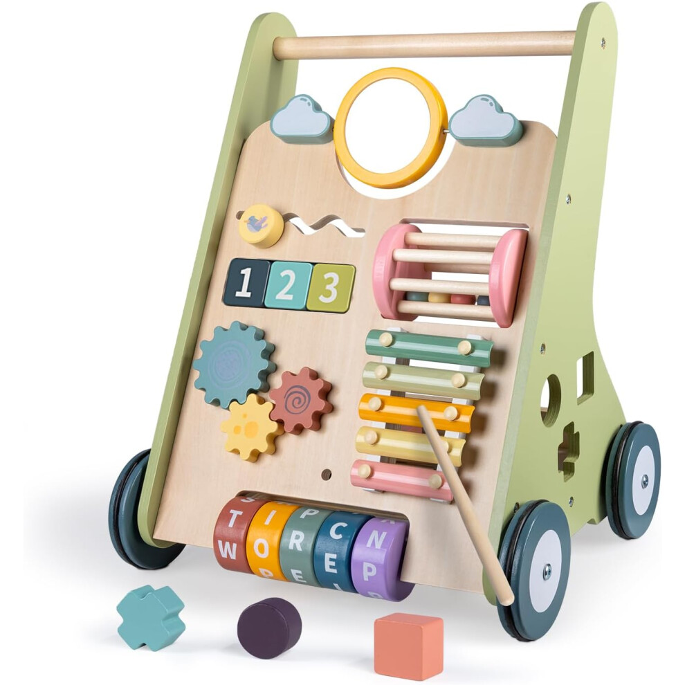 Wooden Baby Walker for 1-2 Year Old Boys and Girls, 10-in-1 Colorful Walker Learning Activity Center with Shapes, Phrases, and Mirror