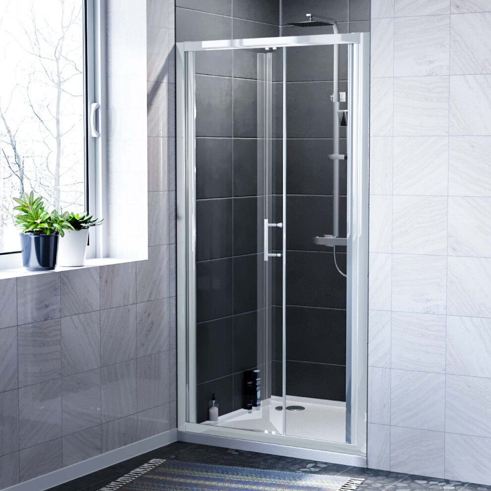 Bi-Fold Shower Door Enclosure, Tray & Waste 1000x800mm Chrome 6mm Tempered Glass