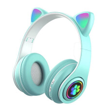 (Green) Bluetooth 5.0 Headphone with Microphone Cute Cat Ear Wireless/Wired Foldable Headphone Bass RGB Breathing Light for Boys/Girls