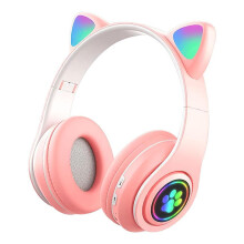 (Pink) Bluetooth 5.0 Headphone with Microphone Cute Cat Ear Wireless/Wired Foldable Headphone Bass RGB Breathing Light for Boys/Girls