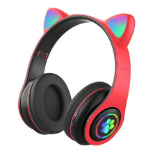 (Red) Bluetooth 5.0 Headphone with Microphone Cute Cat Ear Wireless/Wired Foldable Headphone Bass RGB Breathing Light for Boys/Girls