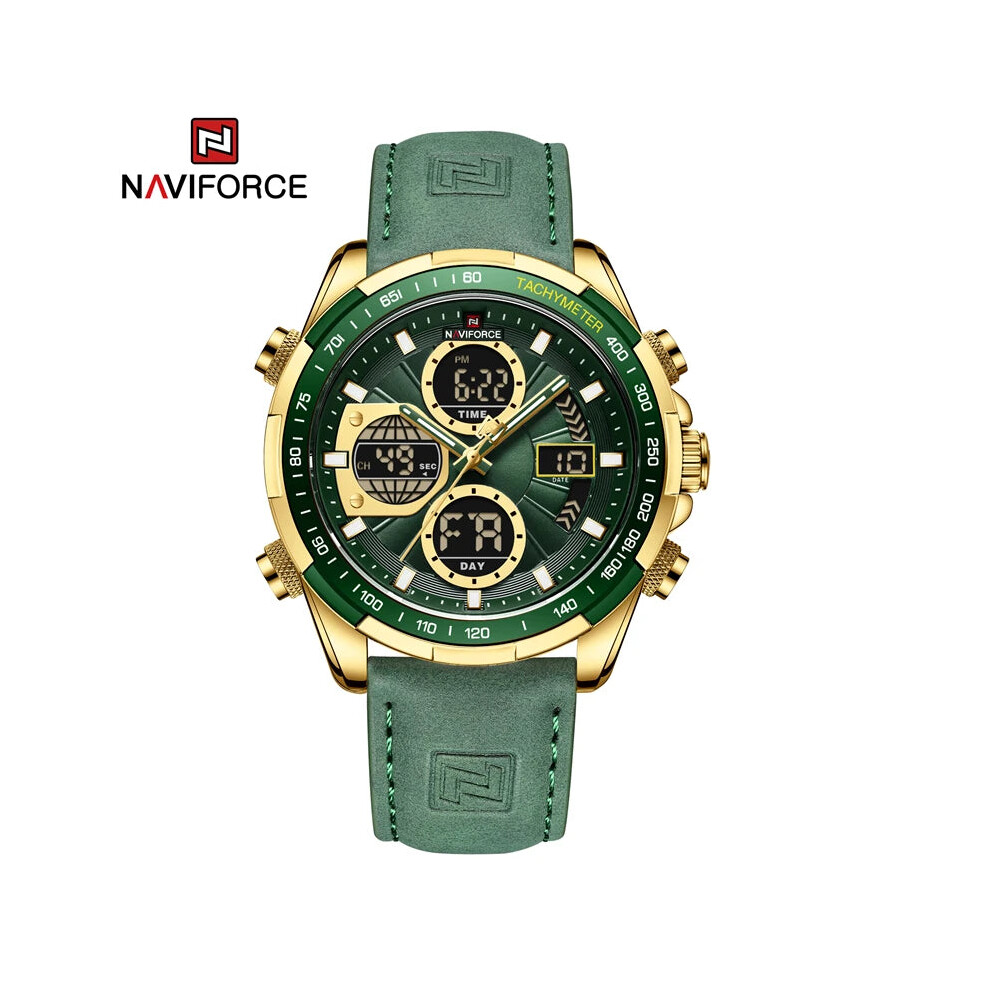 (Gold Green) Mens Leather Military Sport Waterproof Watch Quartz Chronograph Wristwatch