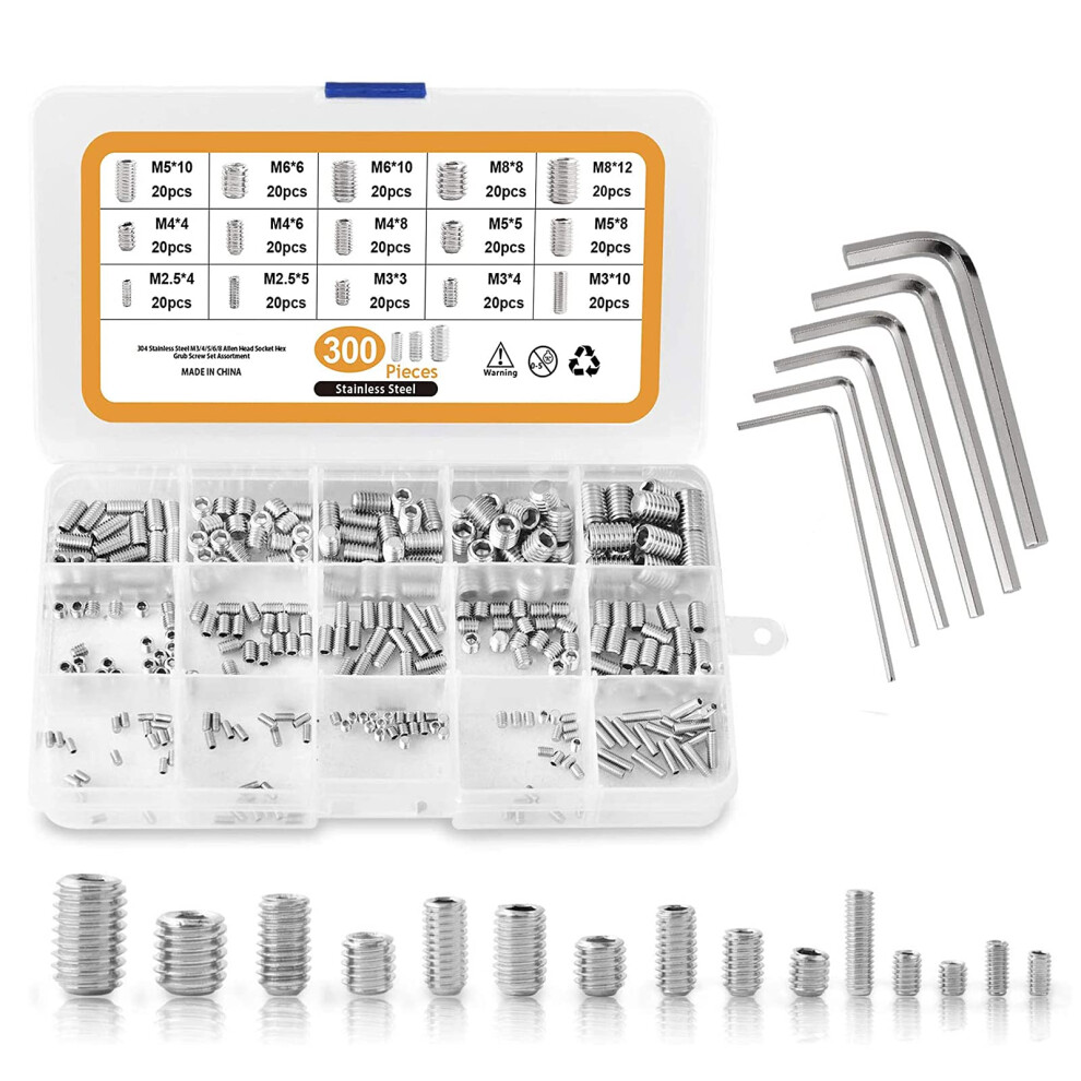 Grub Screws Set, 300Pcs Mixed Stainless Steel Metric Thread Socket Screws Assortment Fasteners Kits M2.5 M3 M4 M5 M6 M8 with Allen Keys Hex Grub Head-image-OPC-PFF6TCT-NEW