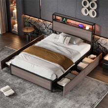 (90x190cm) Metal Iron Bed with LED Light Strip and 4 Drawers