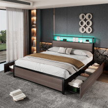(135x190cm) Metal Iron Bed with LED Light Strip and 4 Drawers