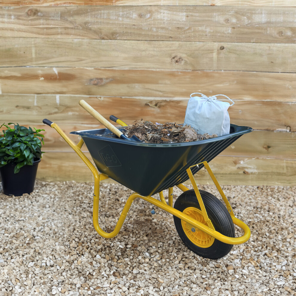 Neo Garden Wheelbarrow Heavy Duty 110L 150Kg Durable Plastic Tray Barrow Pneumatic Wheel Tyre Loads Equine Yard Gardening Green