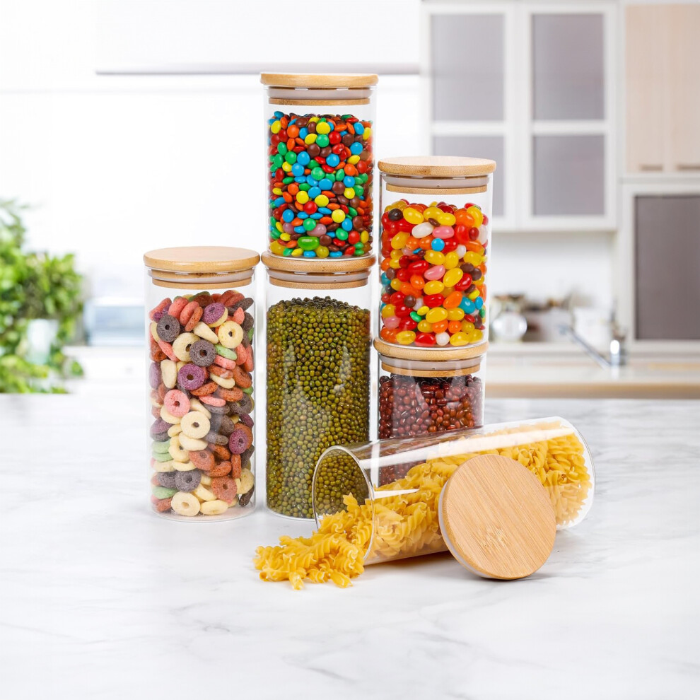 Neo Set of 6 Glass Storage Jars with Bamboo Lids Airtight Glass Canisters with 2 Size, Large Kitchen Food Storage Jars Cabinet Dishwasher Safe