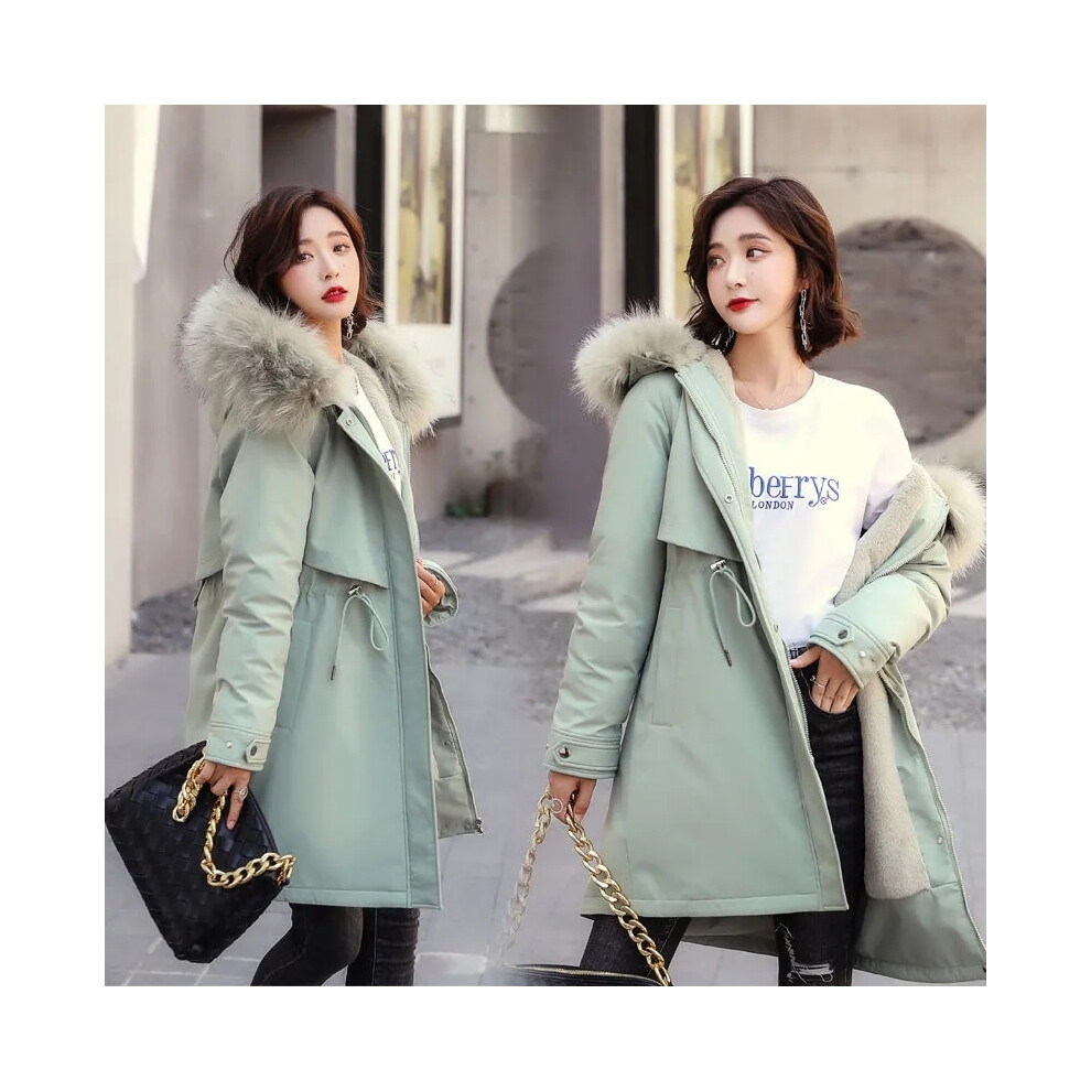 (6xL, green) 2024 Women Fur Lining Thick Long Parka Winter Jacket Snow Wear Outwear