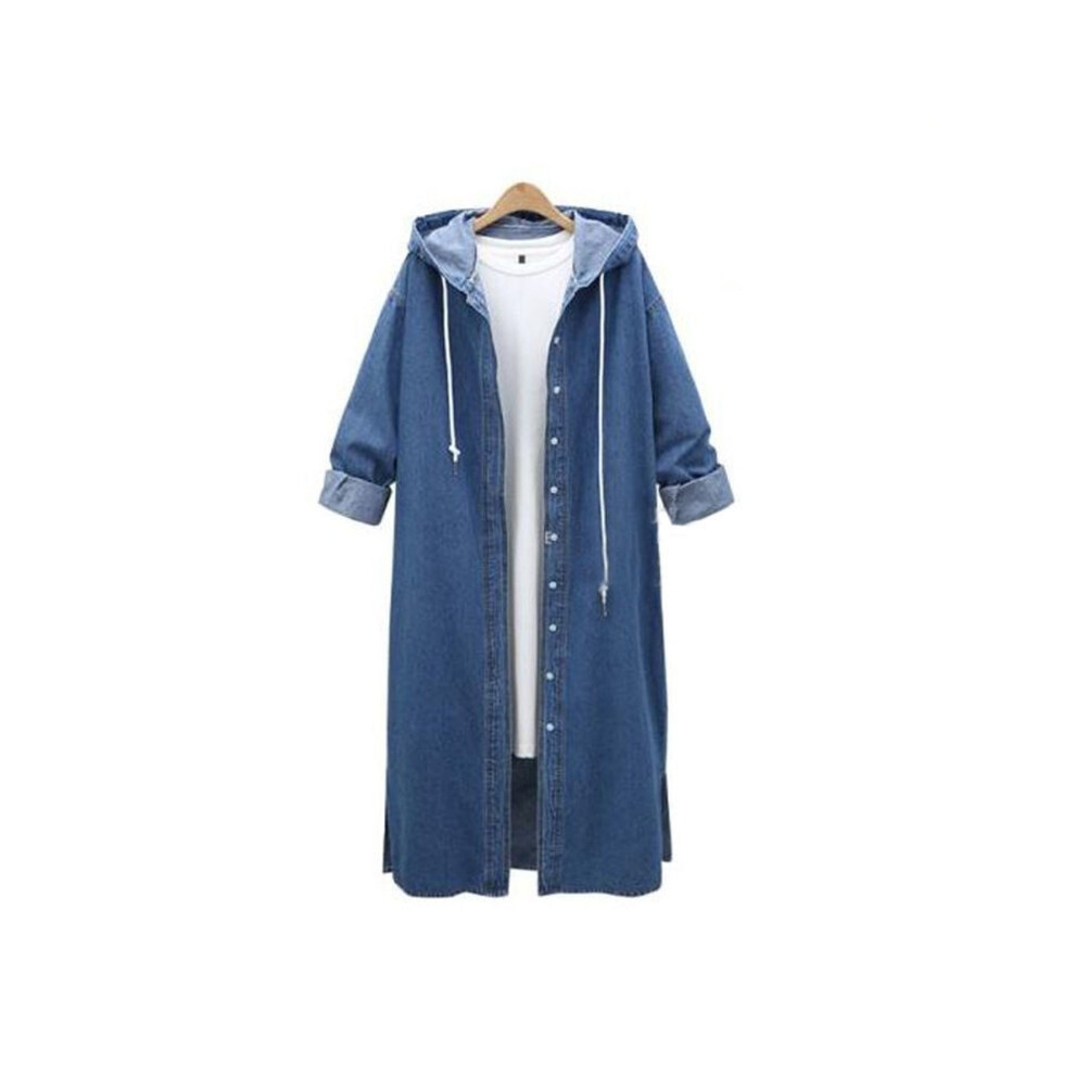 (L, Blue) 2024 New Spring Autumn Hooded Solid Long Sleeves Denim Women Coat High