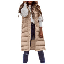 (xxL, Khaki) Women Long Winter Down Vest With Hood Sleeveless Warm Down Jacket with