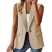 (L, Khaki) Lapel Single Button Women Waistcoat V Neck Sleeveless Business Vest Fe