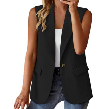 (S, Black) Lapel Single Button Women Waistcoat V Neck Sleeveless Business Vest Fe