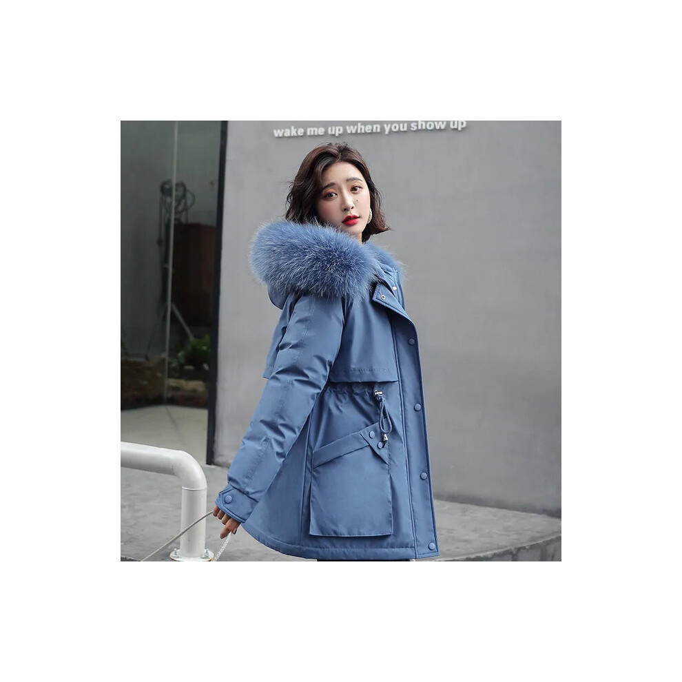 (M, Blue) 2024 Fashion Warm Fur Lining Parka Winter Jacket Thick Hooded Parkas F