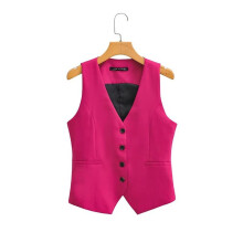 (L, Fuchsia) New V-neck Single Breasted Rose Red Suit Vest Women Slim Short Fashio