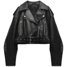 (xxL, Black) PU Retro Zipper Belt Motorcycle Street Women's Jacket 2024 Spring New