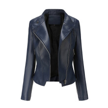 (EUR L, dark blue) Women Moto Biker Zipper Jacket 2024 Spring Motorcycle Faux Leather Jac