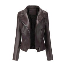 (EUR xL, Dark Brown) Women Moto Biker Zipper Jacket 2024 Spring Motorcycle Faux Leather Jac