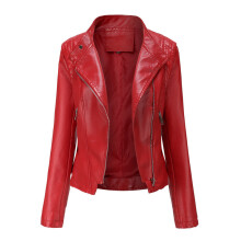 (EUR xxL, Red) Women Moto Biker Zipper Jacket 2024 Spring Motorcycle Faux Leather Jac