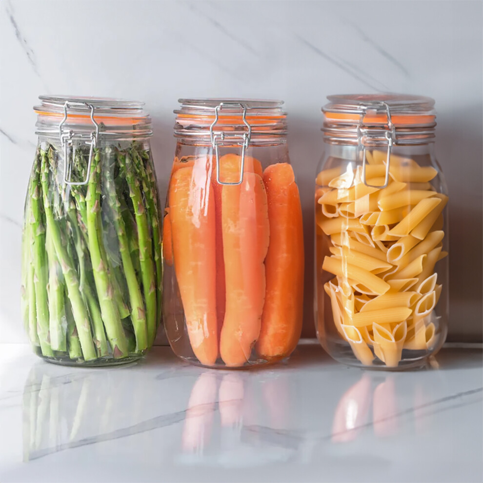 Neo 1L Pack of 3 Canisters Tableware Scandi Glass Storage Jars with Airtight Silicone Seal Metal Clip Top Lids Modern Kitchen Pantry Food