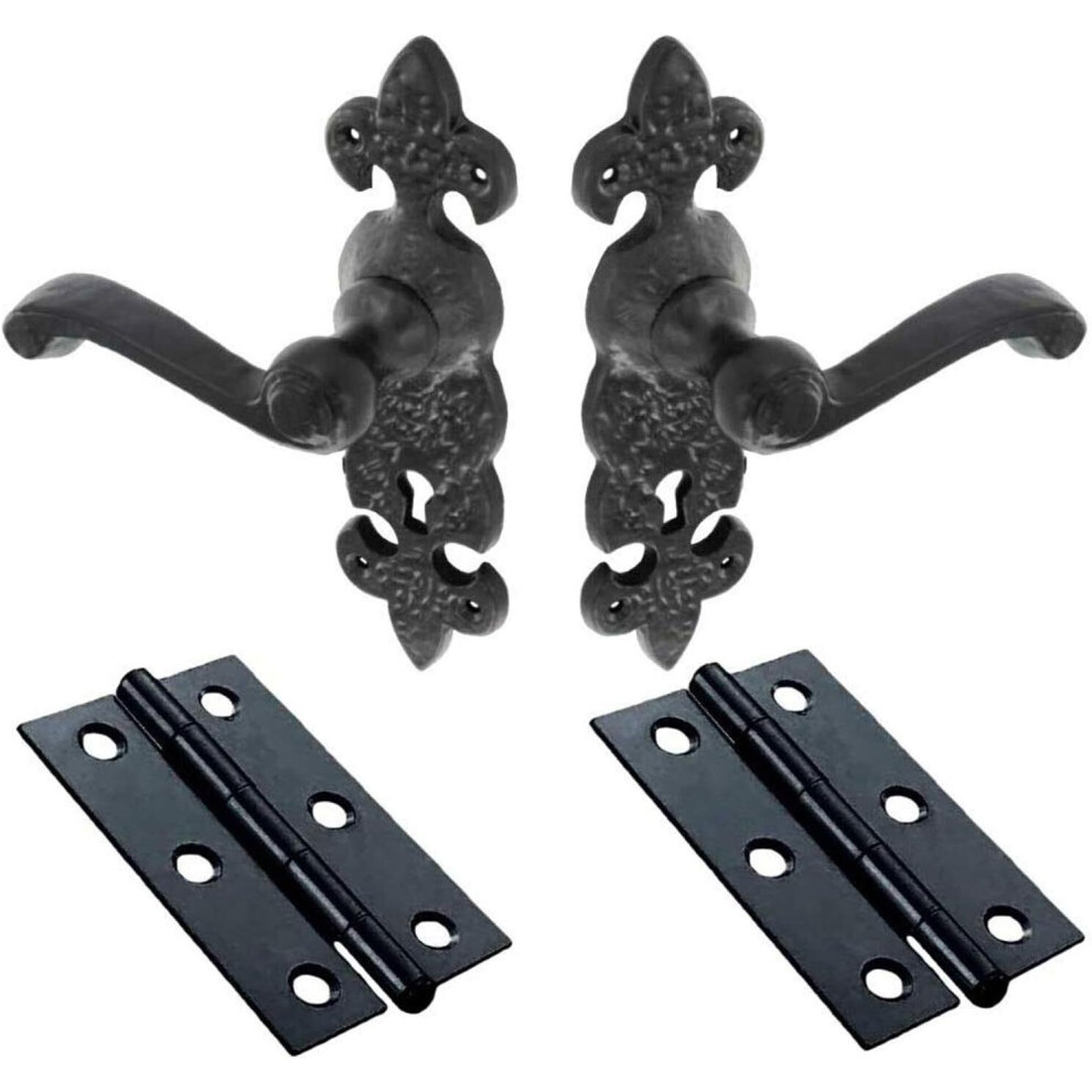 Fleur De Lys Lever Lock Door Handle & Hinges Set - Antique Black 5057670086877