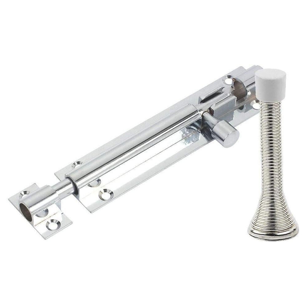 Barrel Bolt Straight 100Mm X 25Mm (4 X 1 Inch) Chrome With Doorstop Pack Of 1 5057670111722