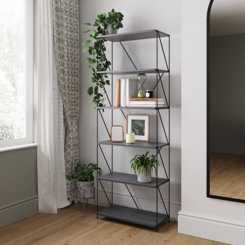 Timber Art Design UK Leyo Grey 6 Tier Bookcase Tall Storage Shelving Unit for Home / Office