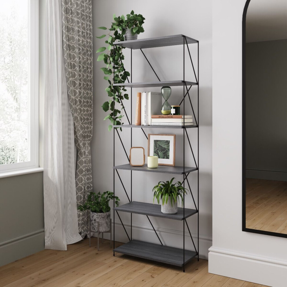 Timber Art Design Uk Leyo 6 Tier Bookcase Tall Storage Shelving Unit For Home / Office Grey