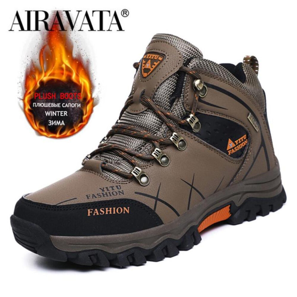(brown, 45) Men Winter Boots Plush Warm Hiking Shoes Man Outdoor Trainers Male Work Shoes Size 39-47