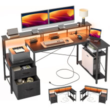 (Black) BEXEVUE L Shaped Desk with LED Power Outlets, 165x80 cm Gaming Desk with 2 Drawers and Carbon Fiber Coated Reversible Storage Shelves