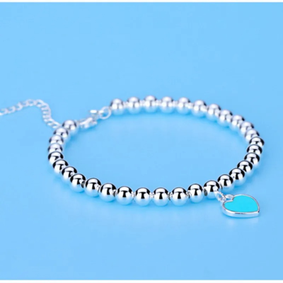 (Blue) 925 Silver Heart Pendant Bracelet for Women