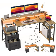 (Grey) BEXEVUE L Shaped Desk with LED Power Outlets, 165x80 cm Gaming Desk with 2 Drawers and Carbon Fiber Coated Reversible Storage Shelves