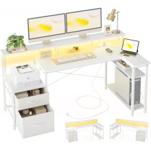 (White) BEXEVUE L Shaped Desk with LED Power Outlets, 165x80 cm Gaming Desk with 2 Drawers and Carbon Fiber Coated Reversible Storage Shelves